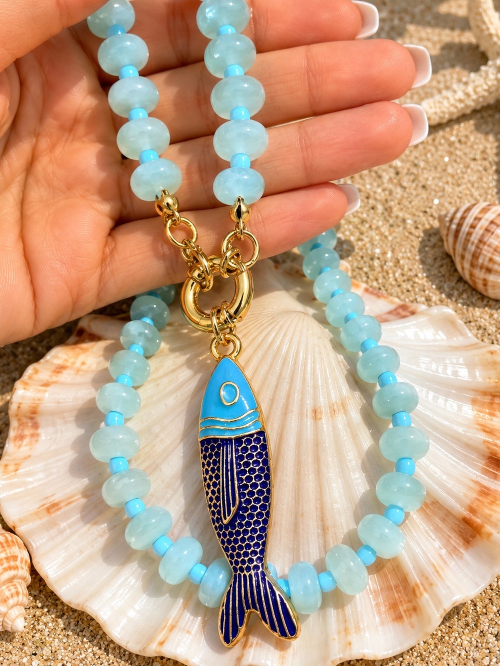 Blue Fish Charm Beaded Necklace trending - Picture 3 of 5